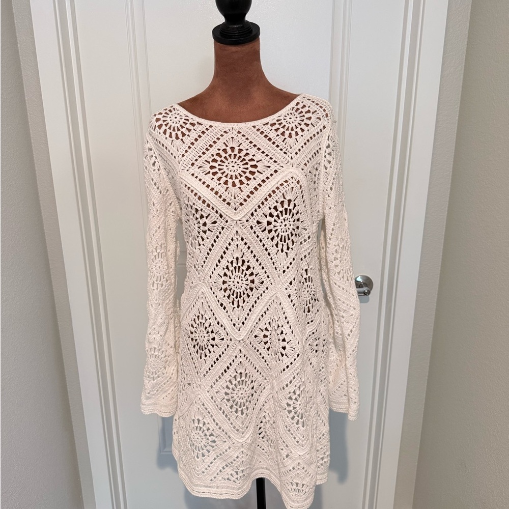 Joie White Crochet Lace Long Sleeve Mini Dress Boho Size L